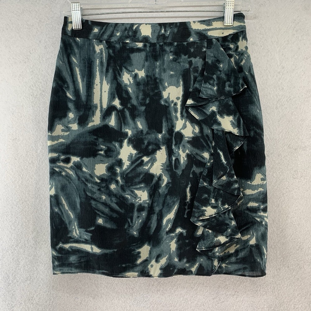 Ann Taylor Teal Abstract Ruffle Silk Blend Pencil Skirt Women 0P Contemporary‎